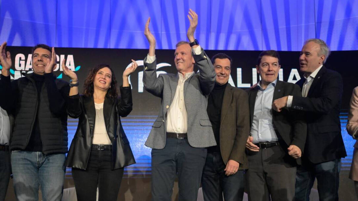 Los presidentes autonómicos del PP: Carlos Mazón, Isabel Díaz Ayuso, Alfonso Rueda, Juanma Moreno, Alfonso Fernández Mañueco y Jorge Azcón.