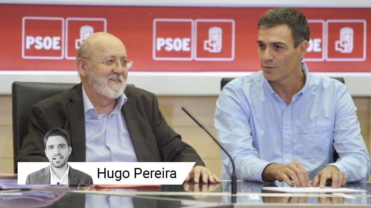 Félix Tezanos junto a Pedro Sánchez en la sede del PSOE