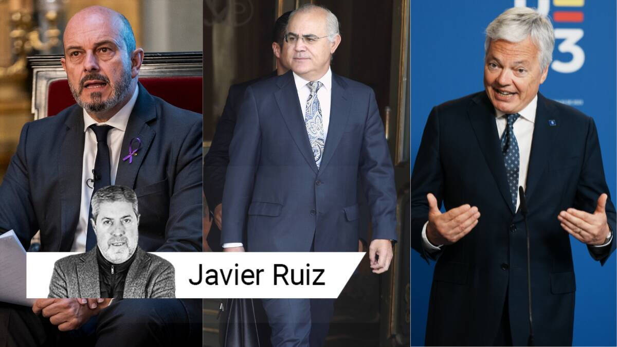 El presidente del Senado, Pedro Rollán (izq.); el juez Pablo Llarena (cen.); y el comisario europeo de Justicia, Didier Reynders (der.)