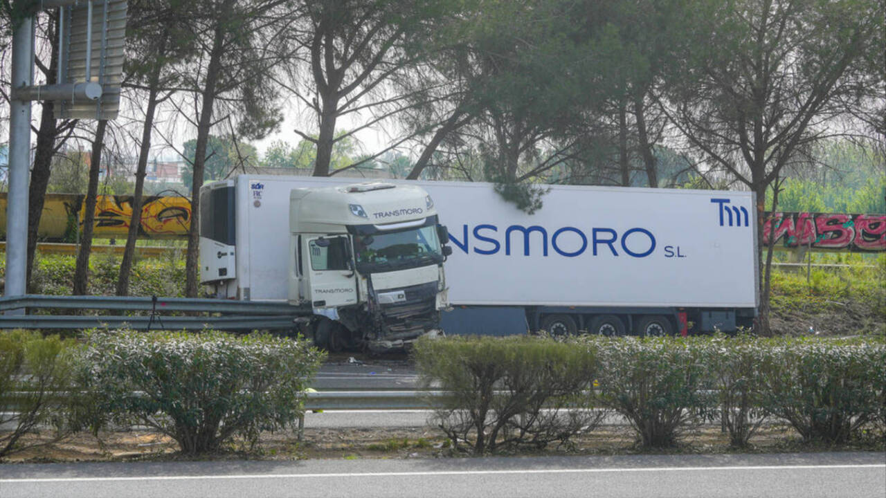 Camión que arrolló el control policial en la AP-4 a la altura de Los Palacios (Sevilla).