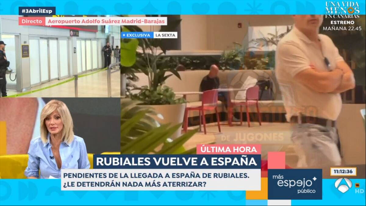 La presentadora de 'Espejo Público', Susanna Griso, mientras en el programa de Antena 3 hablaban de la detención en Barajas de Luis Rubiales.