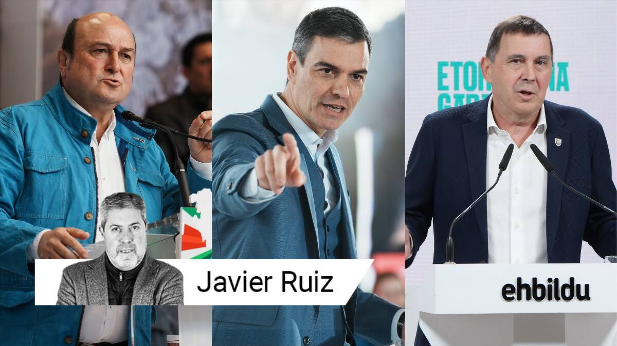 El presidente del PNV, Andoni Ortuzar (izq.); el líder del PSOE, Pedro Sánchez (c.); y el máximo mandatario de EH Bildu (der.)