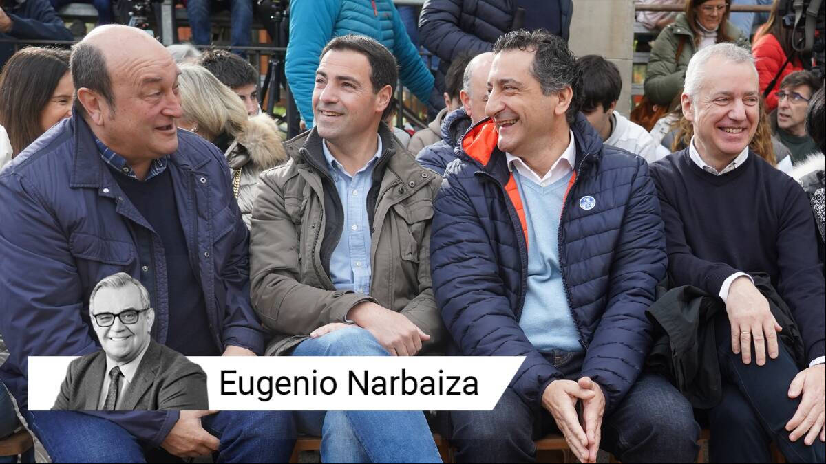 El presidente del PNV, Andoni Ortuzar (1i), el candidato del PNV a Lehendakari, Imanol Pradales (2i) y el Lehendakari, Iñigo Urkullu (2d).