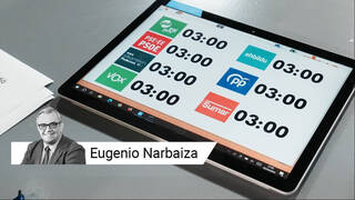 Una tablet con los tiempos asignados a cada candidato durante el debate electoral para las elecciones vascas del 21A.