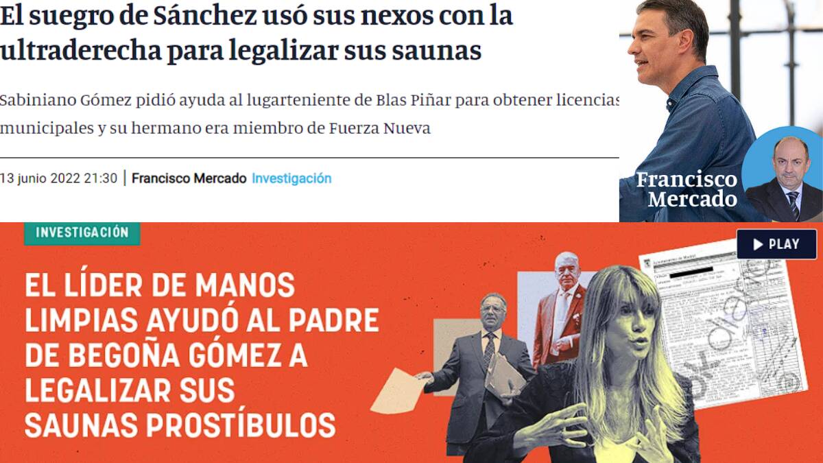 En la parte de arriba el titular de ESdiario del artículo de Francisco Mercado (13 de junio de 2022) y abajo el de OKdiario (26 de abril de 2024).